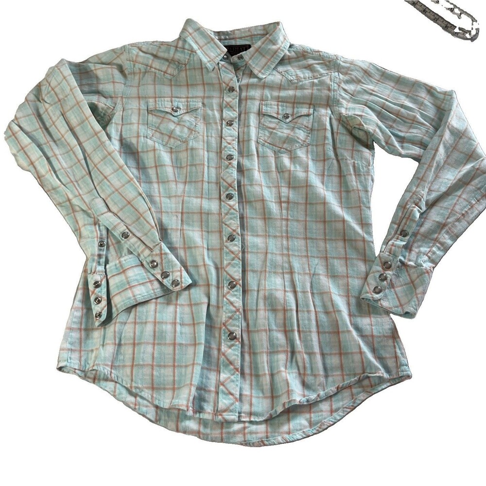 Ariat Plaid Pearl Snap Button Up Woman’s M Blue Multi Color